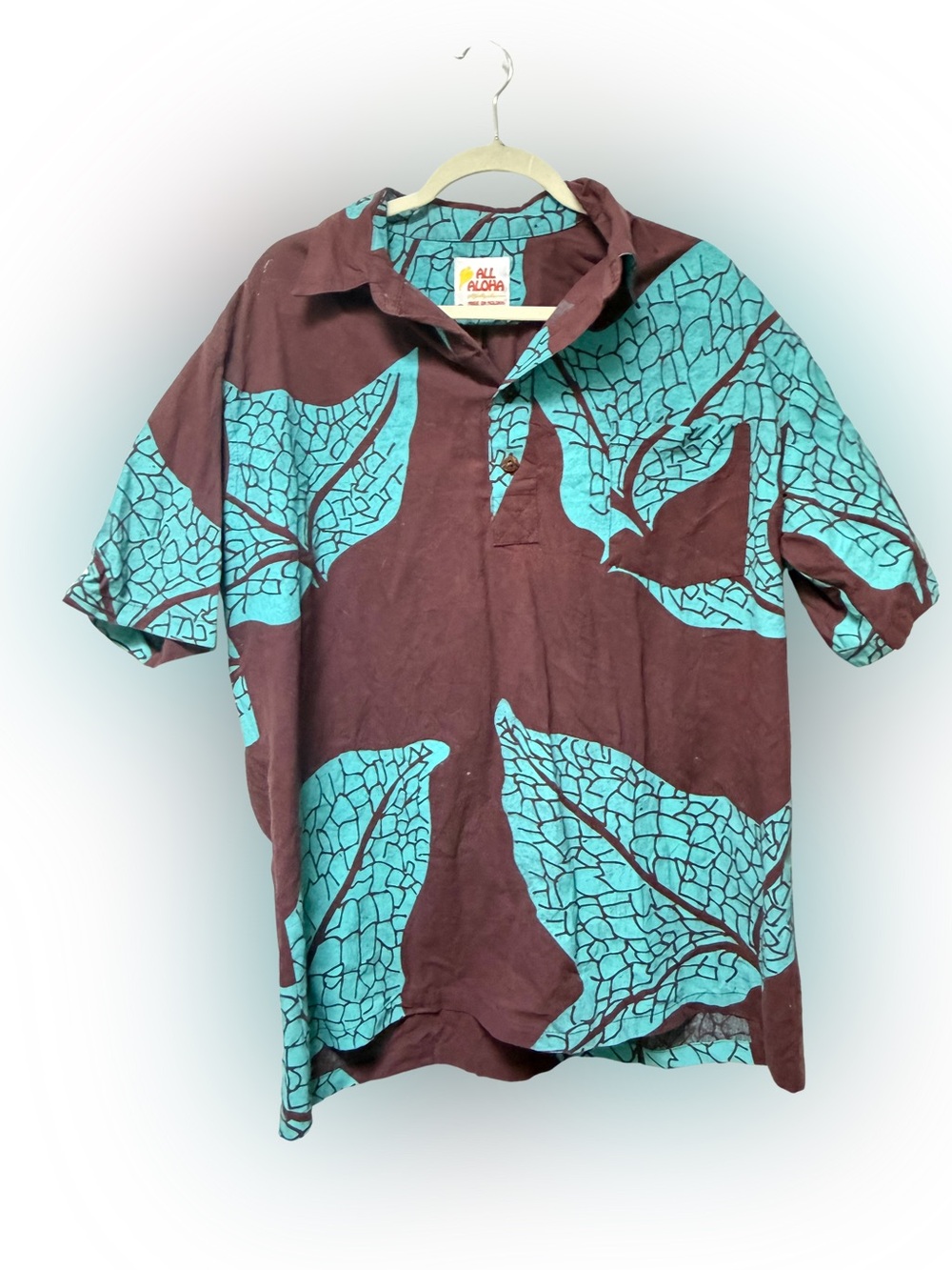 Kealopiko Hawaii Men’s All Aloha Shirt Organic Handmade Turquoise Leaf Print